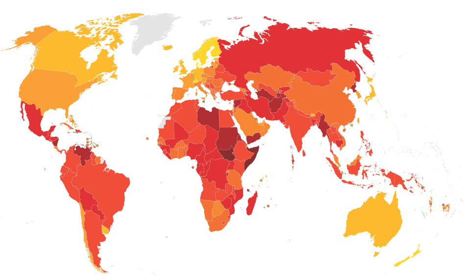 De wereldkaart volgens de Corruption Perceptions Index 2024